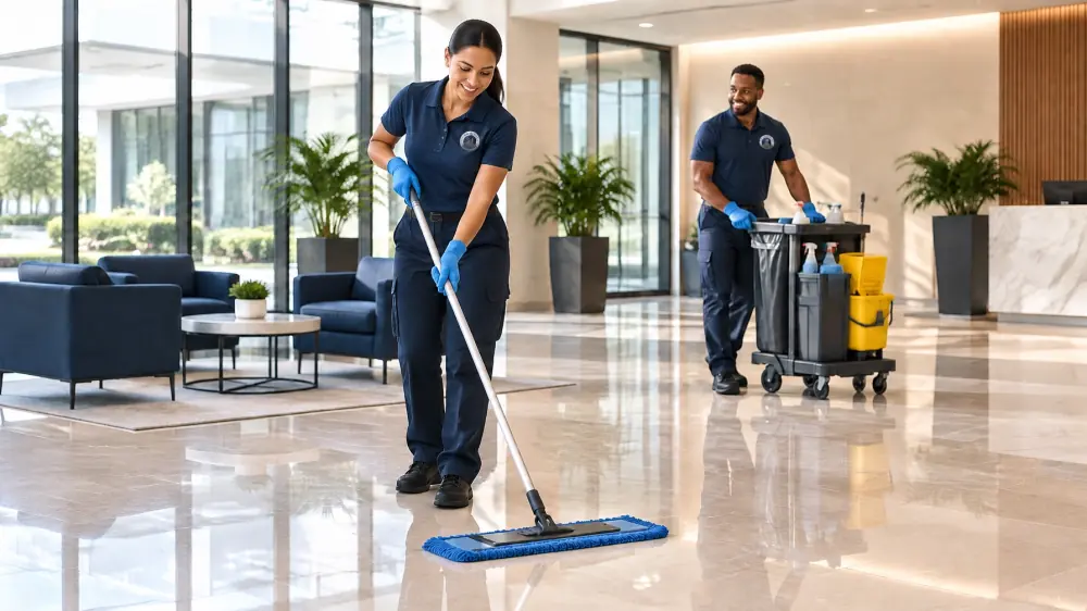 Commercial cleaning professionals working together in a bright office