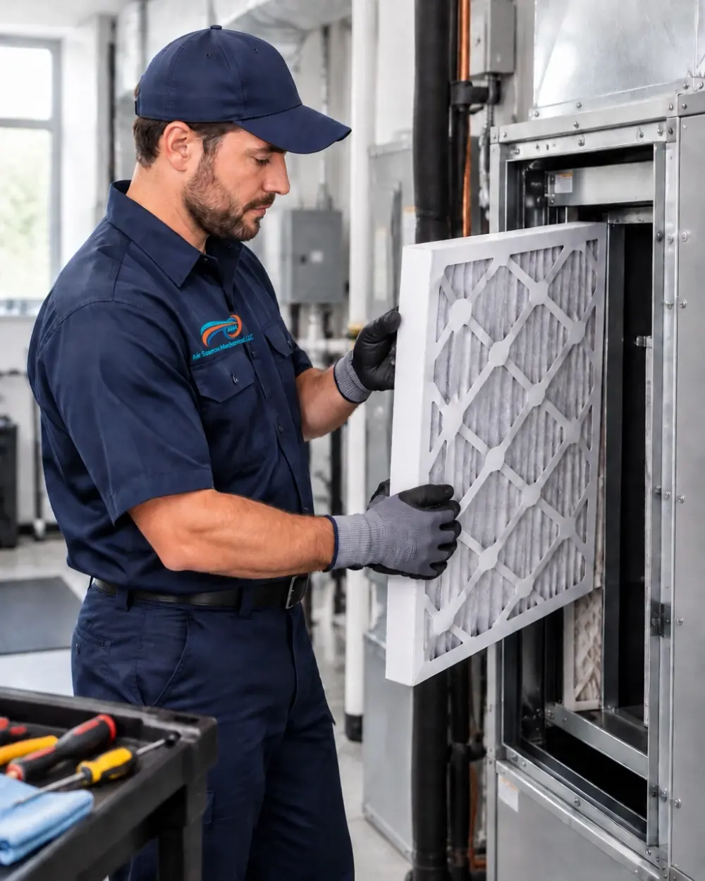 HVAC technician changing an air filter in a commercial air handler