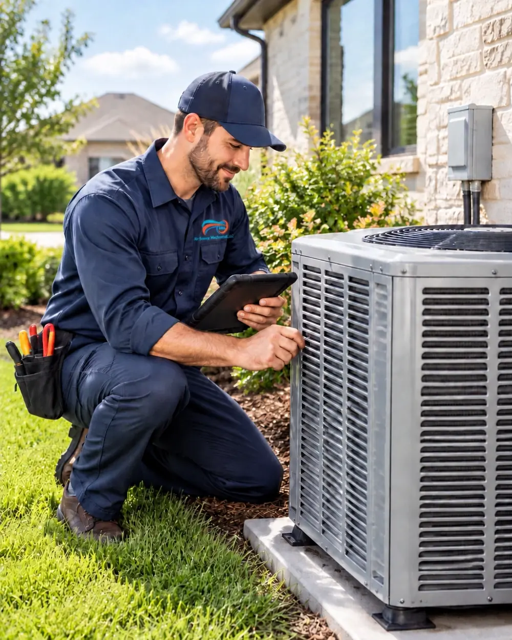 Technician checking an outdoor residential air-conditioning unit