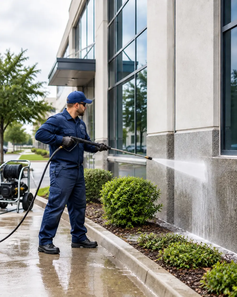 Technician pressure washing the exterior facade of a commercial office building